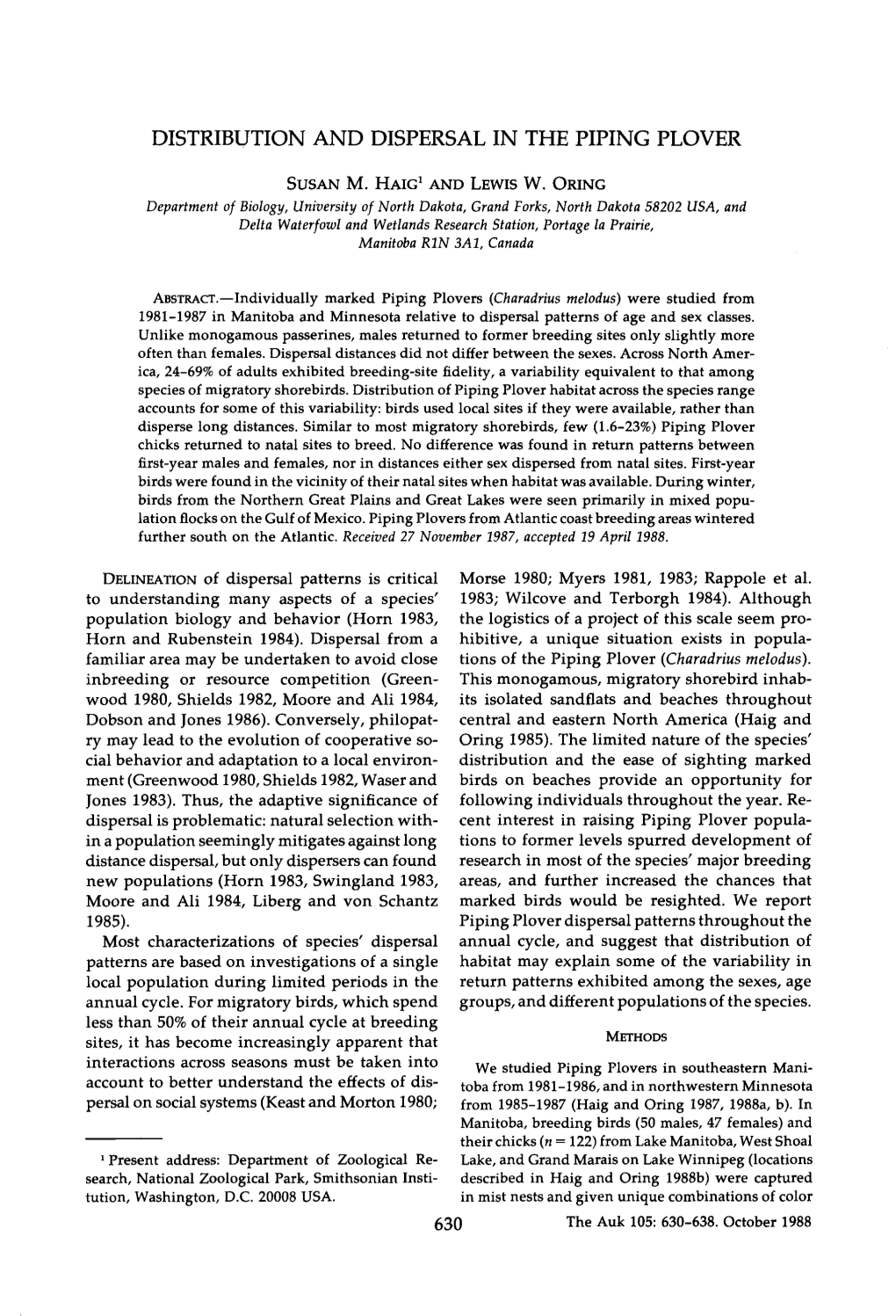 Distribution and Dispersal in the Piping Plover