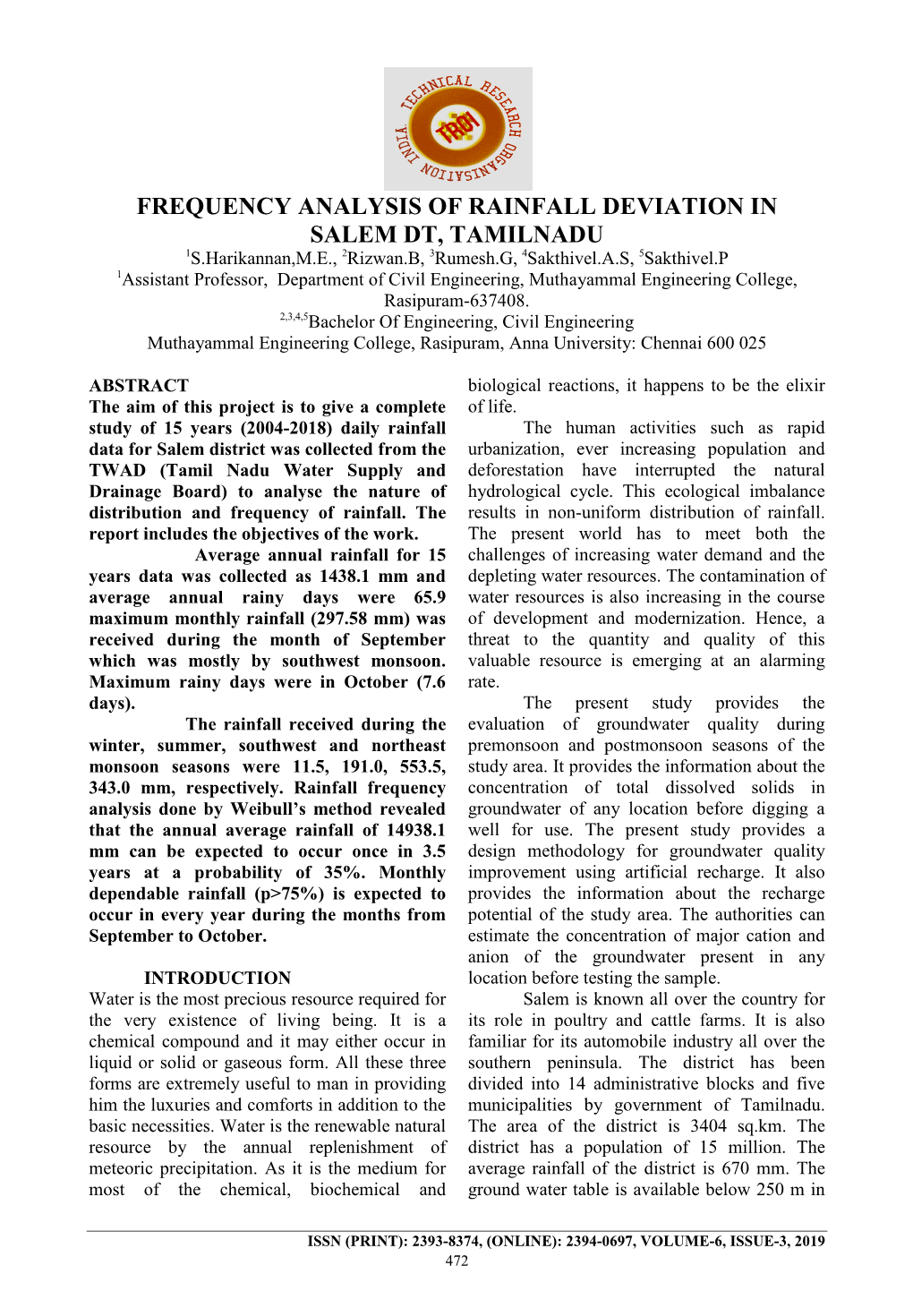 Frequency Analysis of Rainfall Deviation in Salem Dt, Tamilnadu