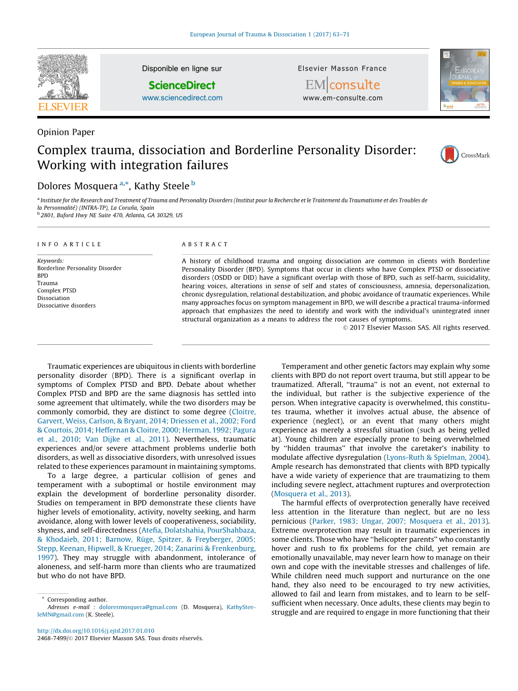 Complex Trauma, Dissociation and Borderline Personality Disorder