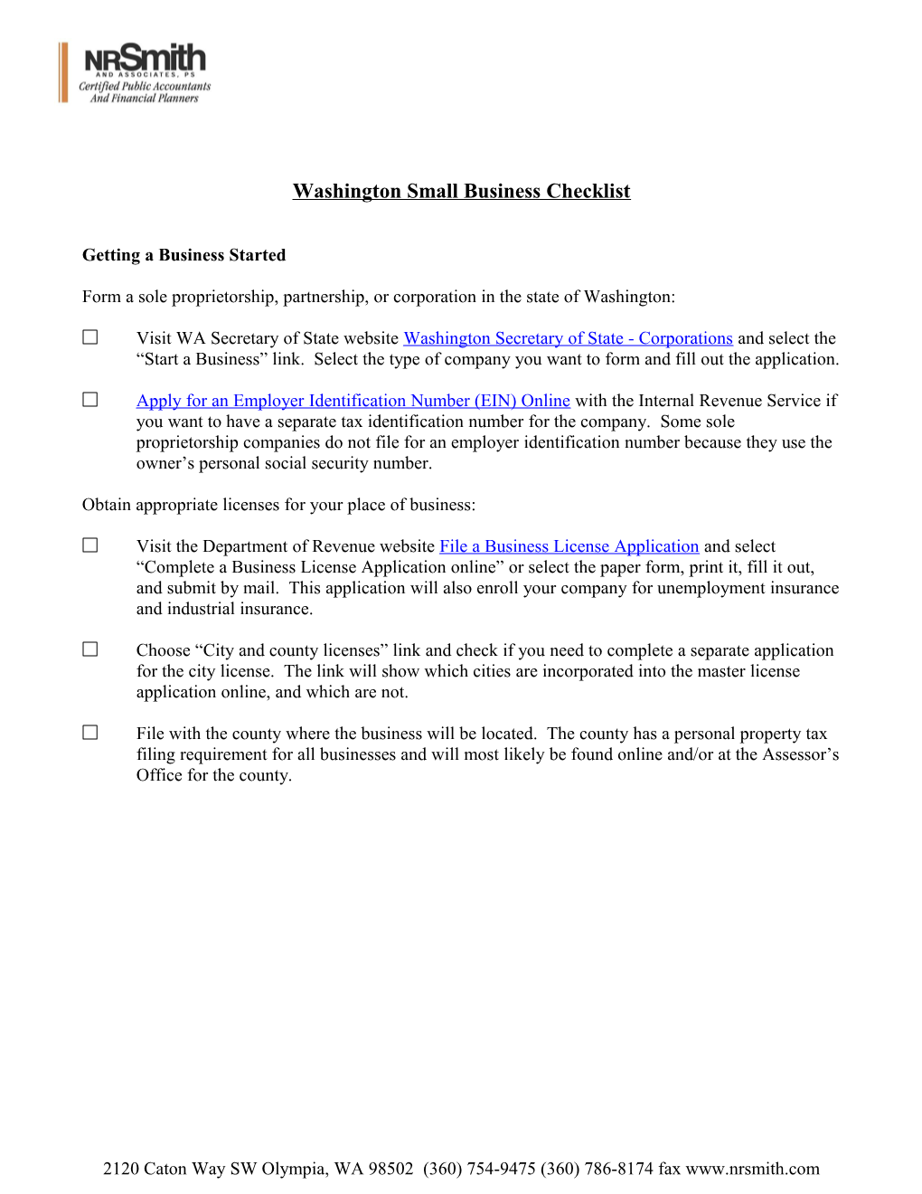 Washington Small Business Checklist