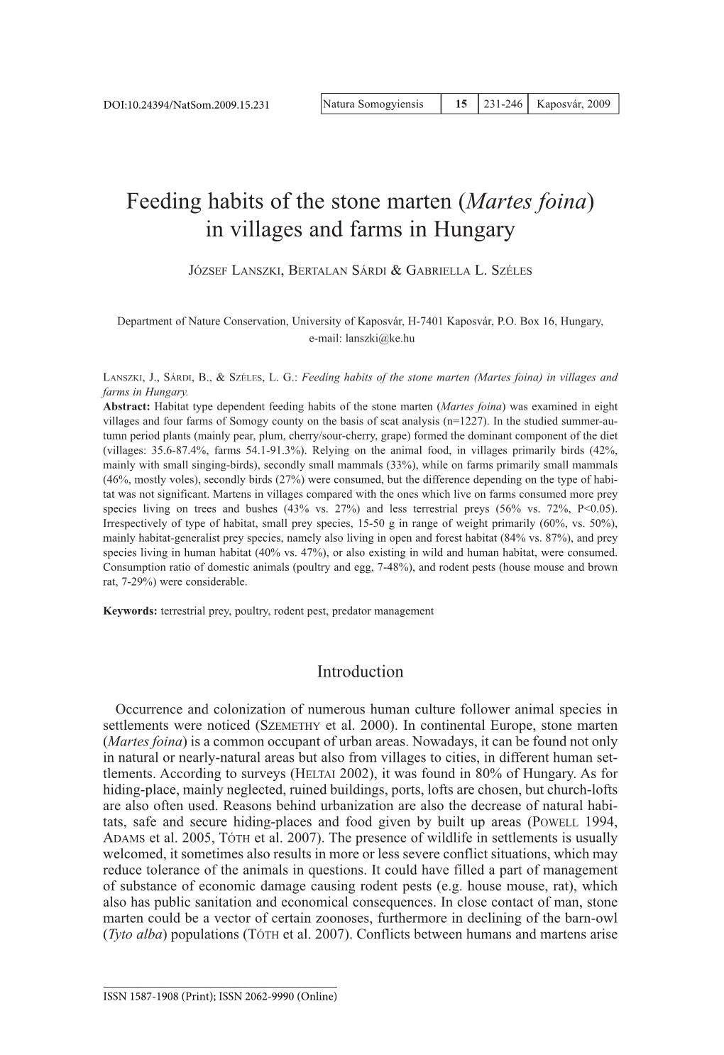 Feeding Habits of the Stone Marten (Martes Foina) in Villages and Farms in Hungary