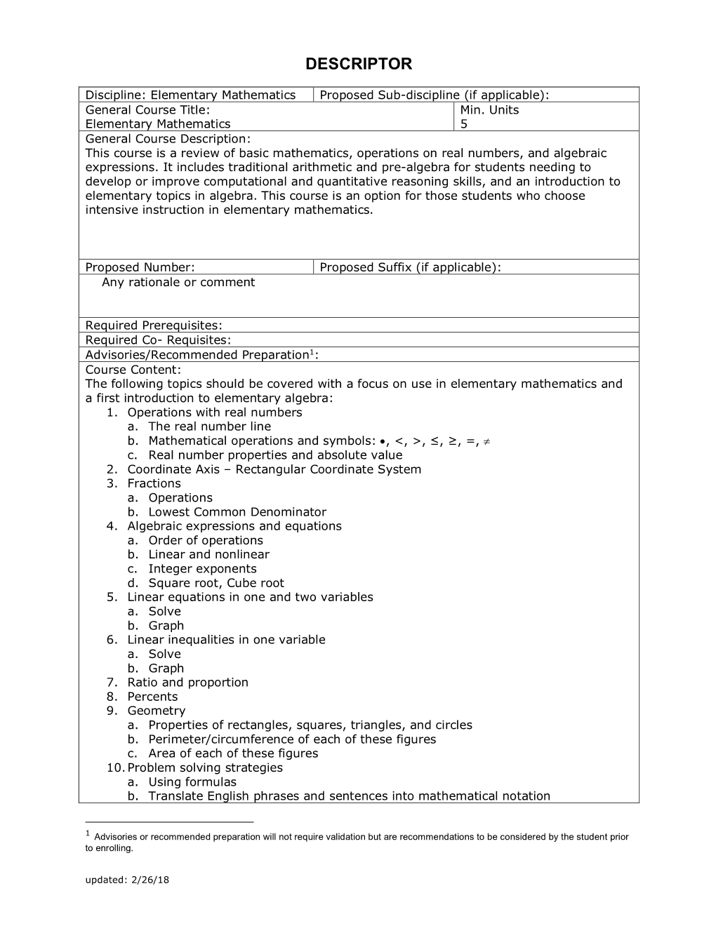 Elementary Mathematics Proposed Sub-Discipline (If Applicable): General Course Title: Min