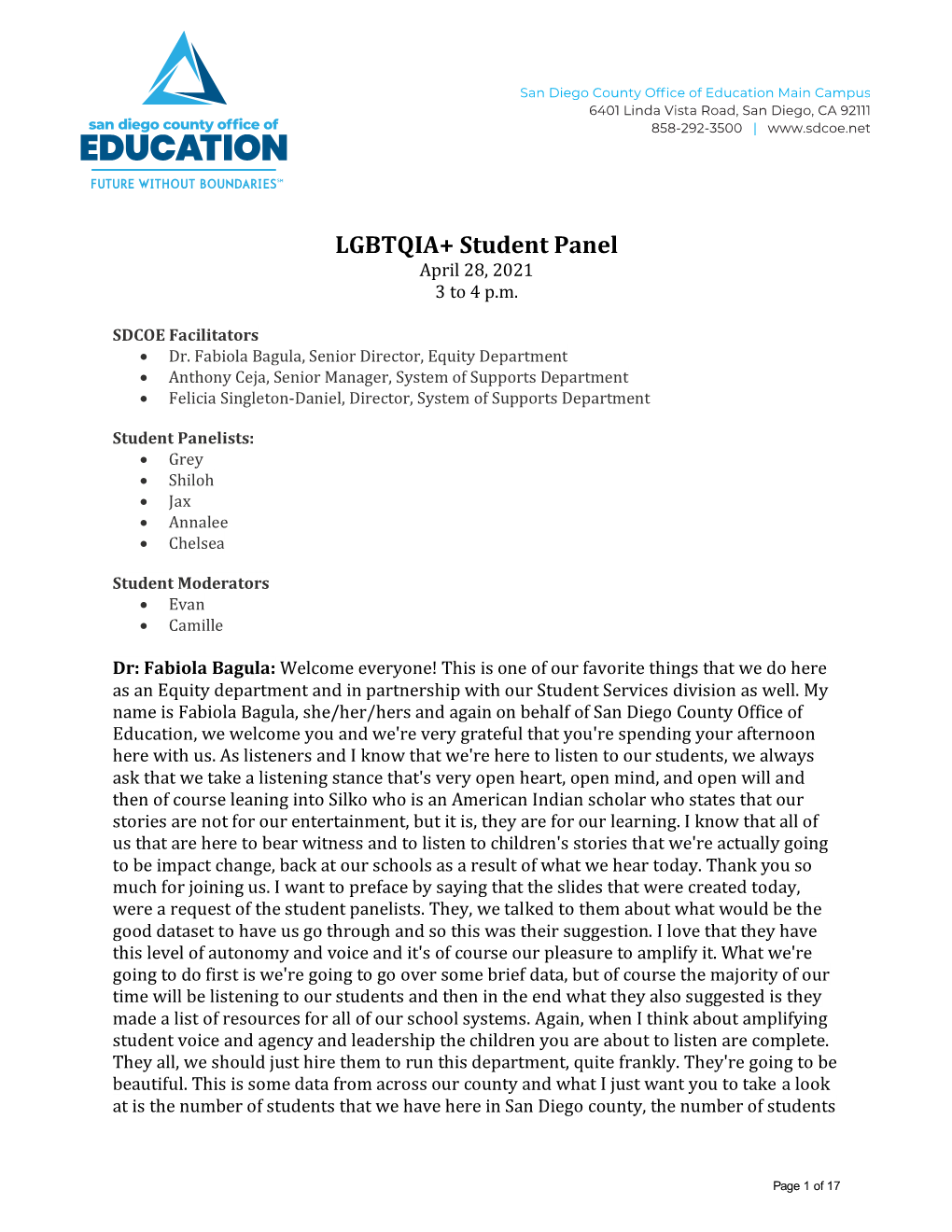 LGBTQIA+ Student Panel April 28, 2021 3 to 4 P.M