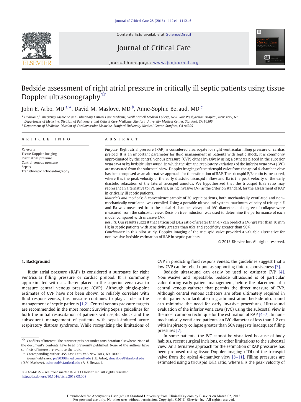 Bedside Assessment of Right Atrial Pressure in Critically Ill Septic Patients Using Tissue Doppler Ultrasonography☆