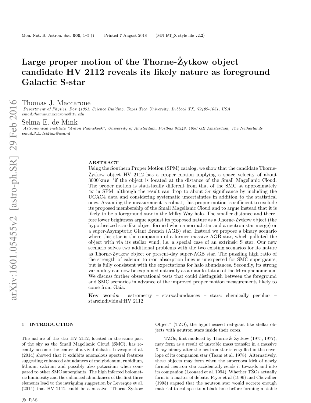 Large Proper Motion of the Thorne-˙Zytkow Object Candidate HV 2112