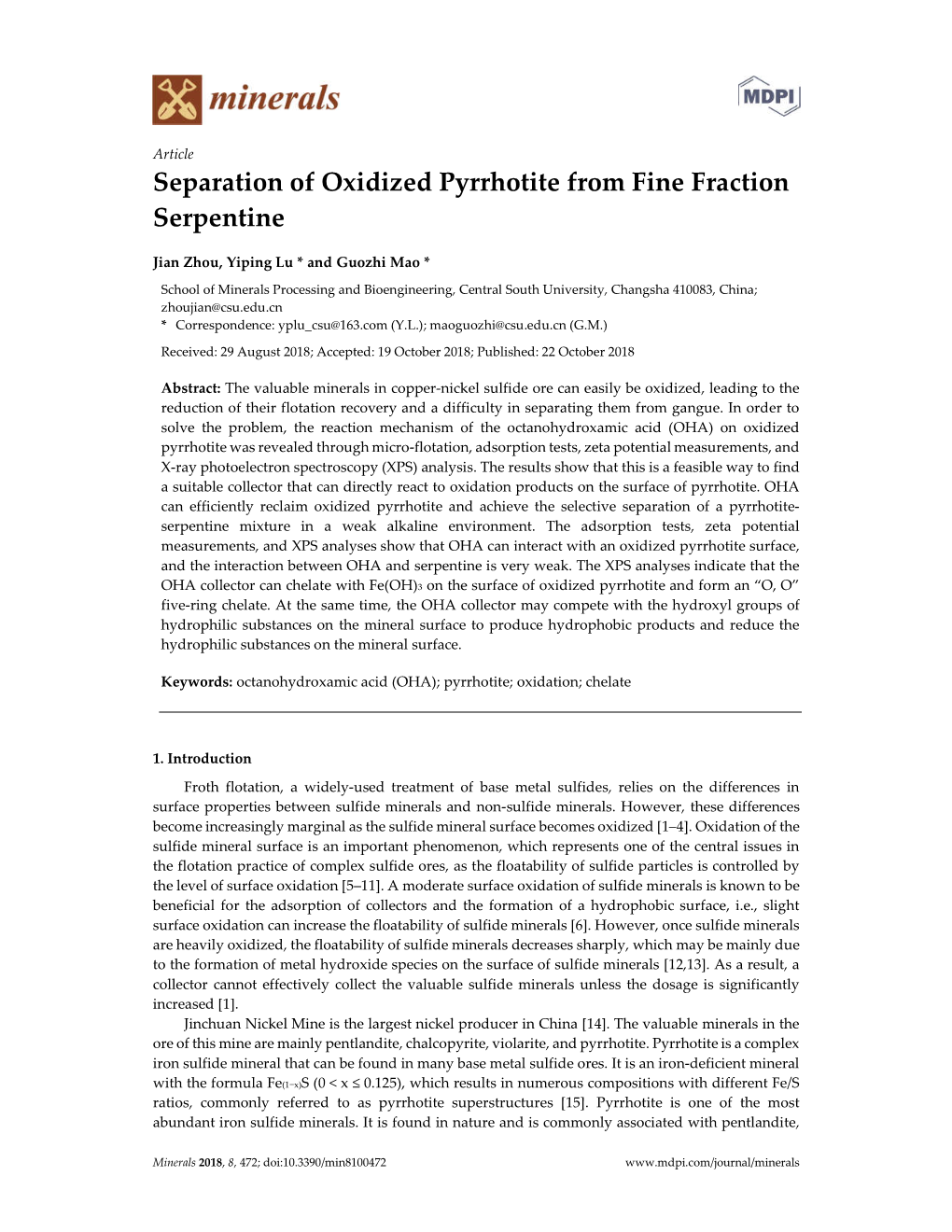 Separation of Oxidized Pyrrhotite from Fine Fraction Serpentine