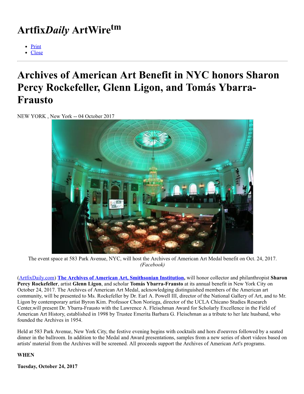 Artfixdaily Artwire Archives of American Art Benefit in NYC Honors Sharon Percy Rockefeller, Glenn Ligon, And