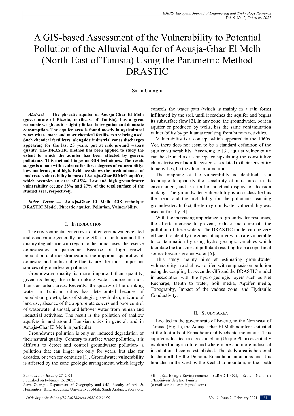 A GIS-Based Assessment of the Vulnerability to Potential Pollution of the Alluvial Aquifer of Aousja-Ghar El Melh