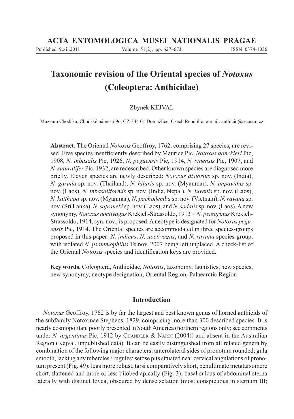 Taxonomic Revision of the Oriental Species of Notoxus (Coleoptera: Anthicidae)