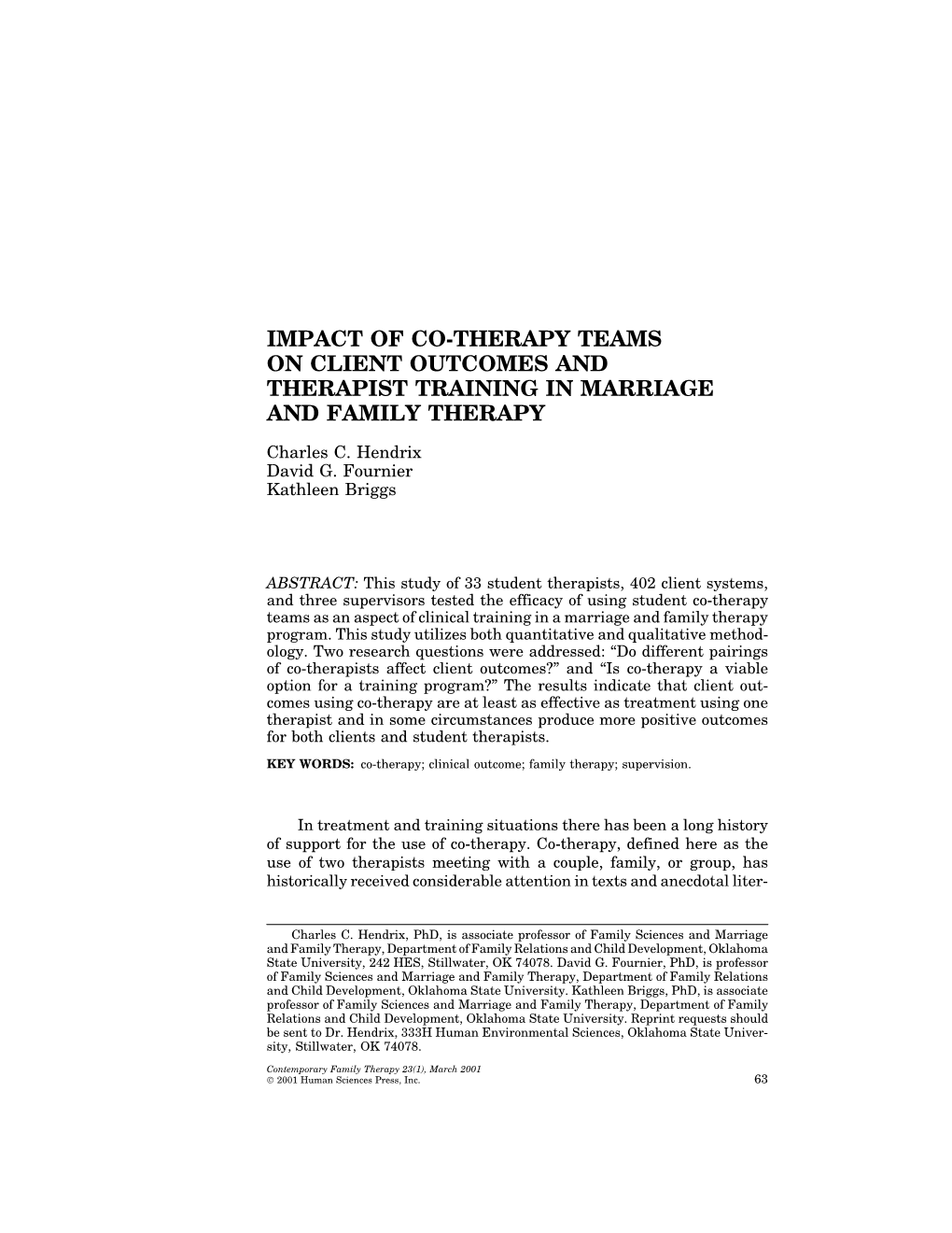 Impact of Co-Therapy Teams on Client Outcomes and Therapist Training in Marriage and Family Therapy
