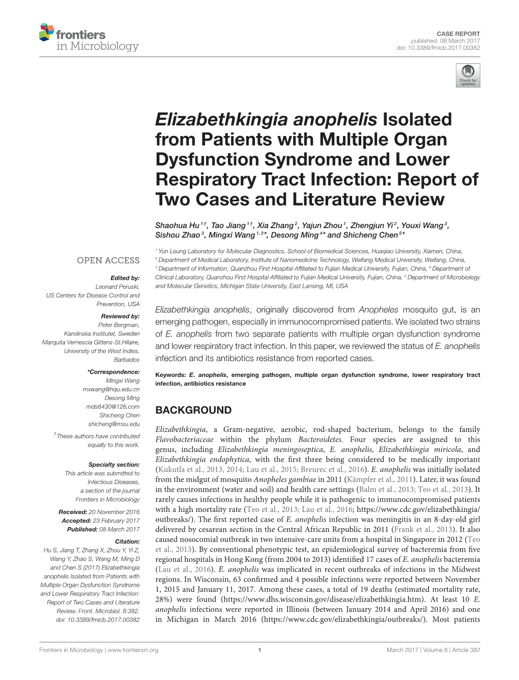 Elizabethkingia Anophelis Isolated from Patients with Multiple Organ Dysfunction Syndrome and Lower Respiratory Tract Infection
