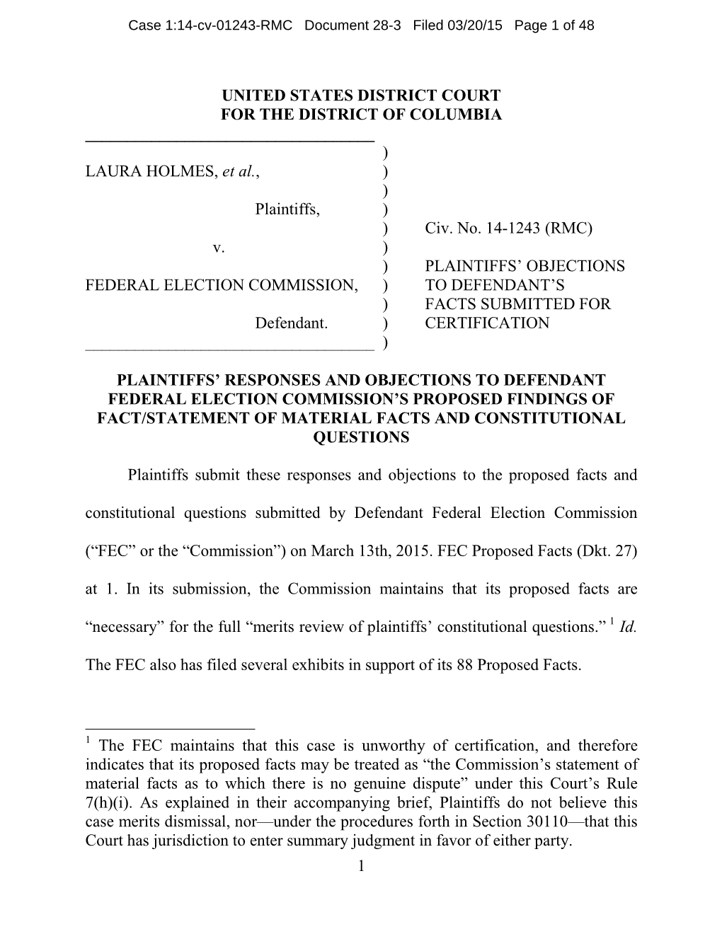 Plaintiffs' Responses to FEC Facts