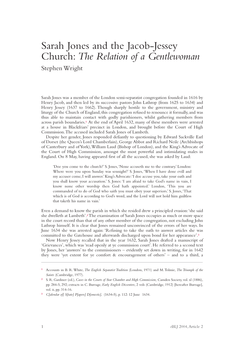 Sarah Jones and the Jacob-Jessey Church: the Relation of a Gentlewoman Stephen Wright
