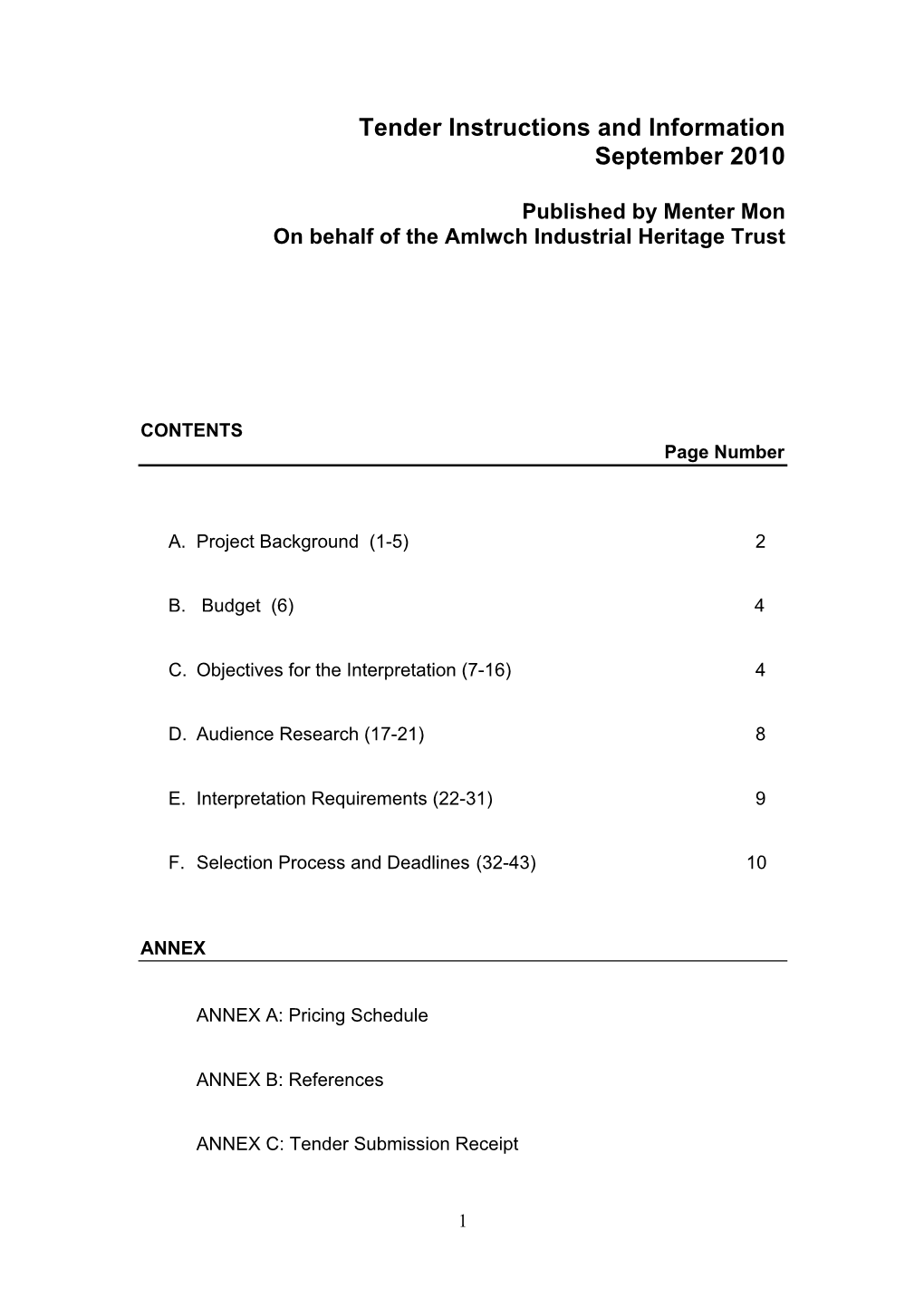 Tender Instructions and Information September 2010