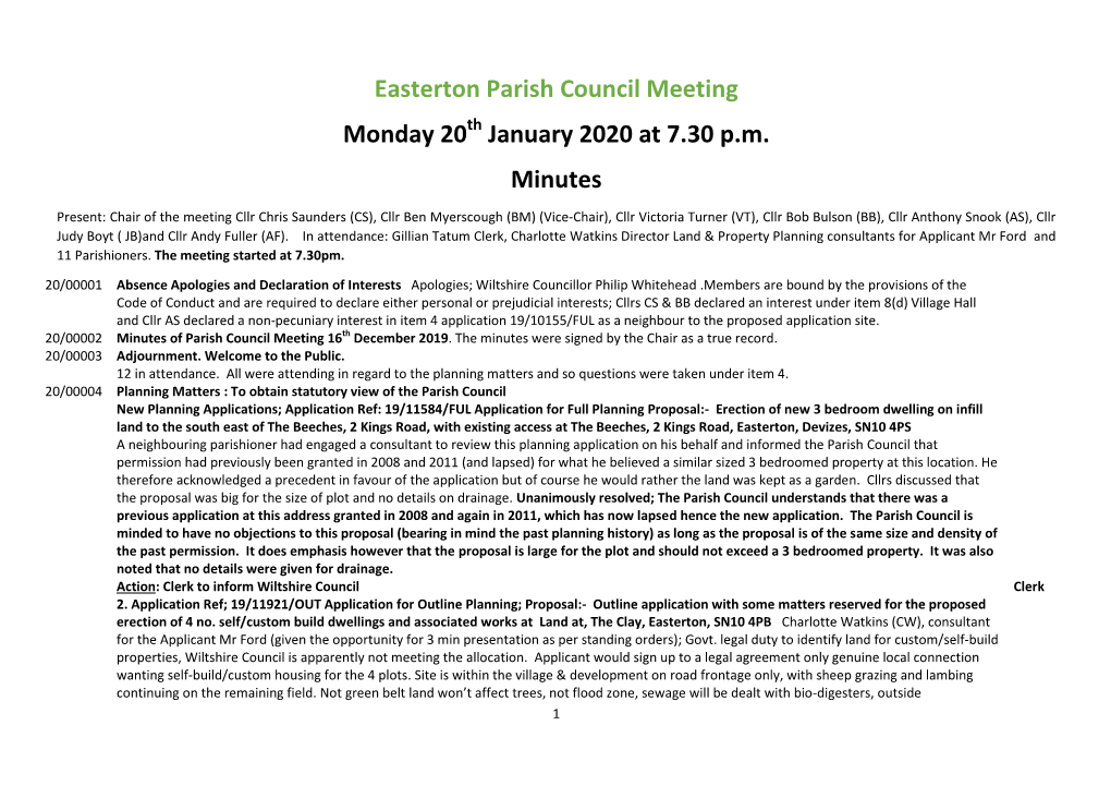 Easterton Parish Council Meeting Monday 20 January 2020 at 7.30