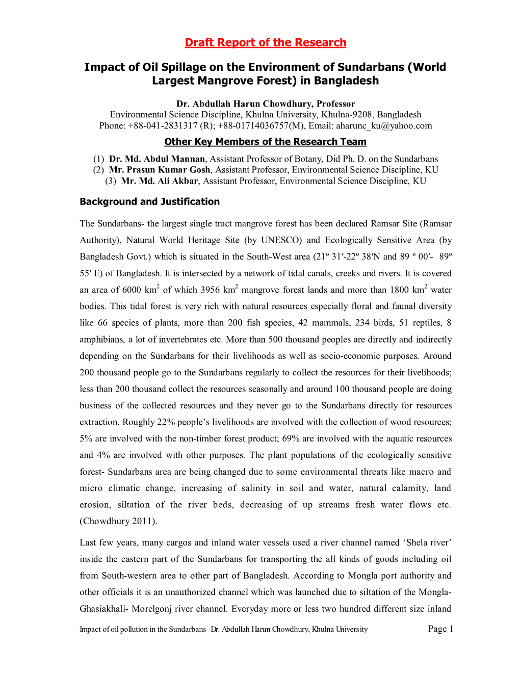 Draft Report of the Research Impact of Oil Spillage on the Environment of Sundarbans (World Largest Mangrove Forest) in Banglade