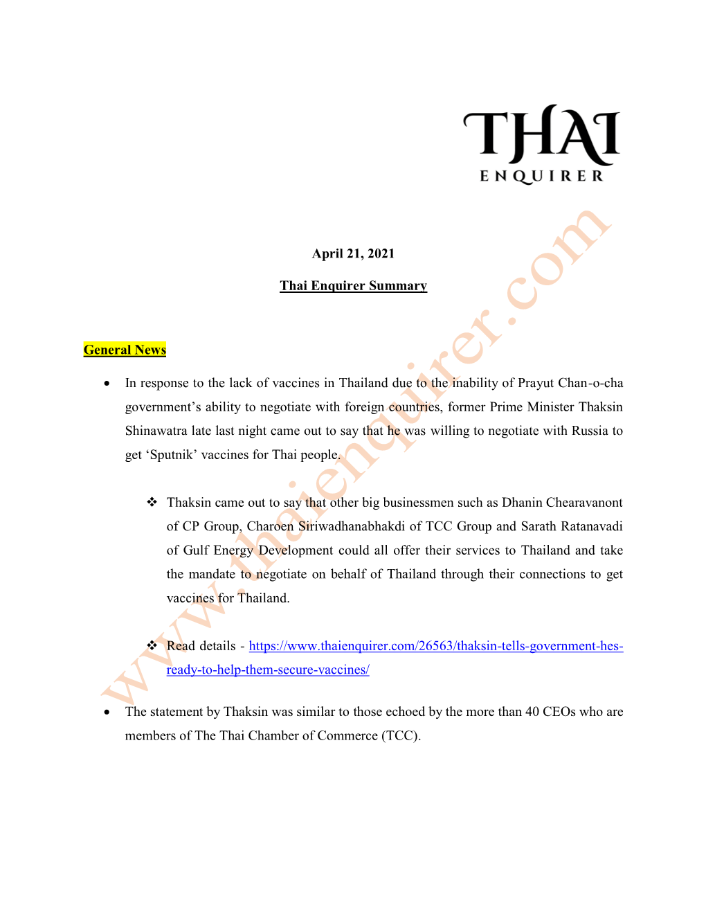 April 21, 2021 Thai Enquirer Summary General News • in Response to The