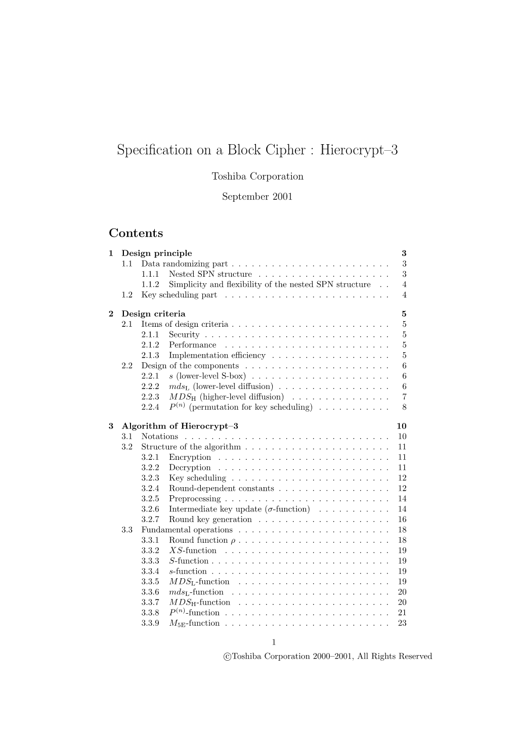 Specification on a Block Cipher : Hierocrypt–3