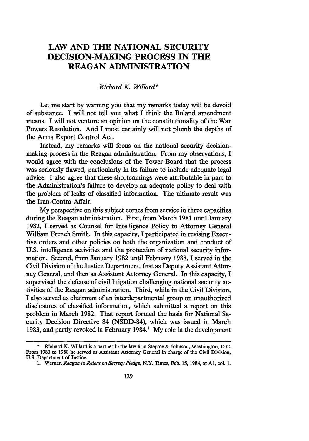 Law and the National Security Decision-Making Process in the Reagan Administration