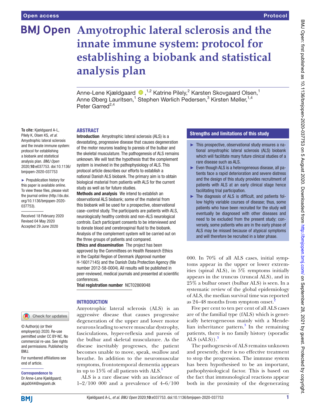 Amyotrophic Lateral Sclerosis and the Innate Immune System: Protocol for Establishing a Biobank and Statistical Analysis Plan