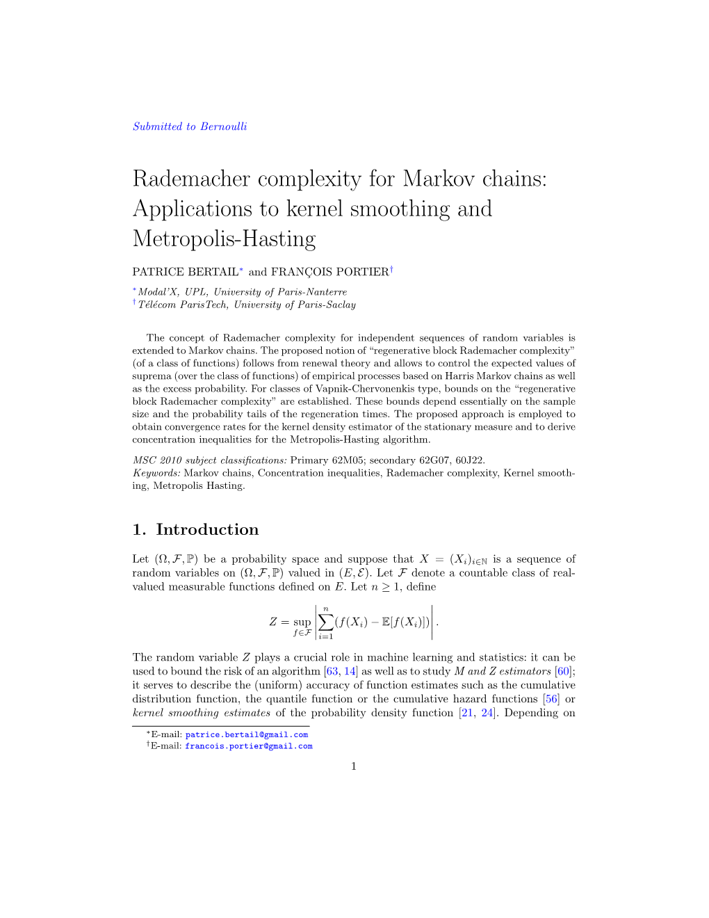 Rademacher Complexity for Markov Chains: Applications to Kernel Smoothing and Metropolis-Hasting