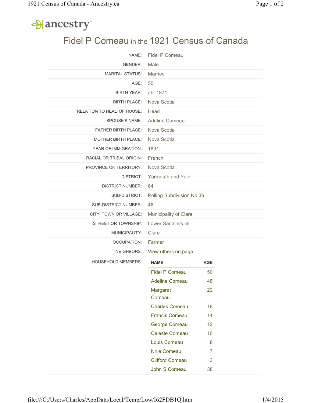 Fidel P Comeau in the 1921 Census of Canada