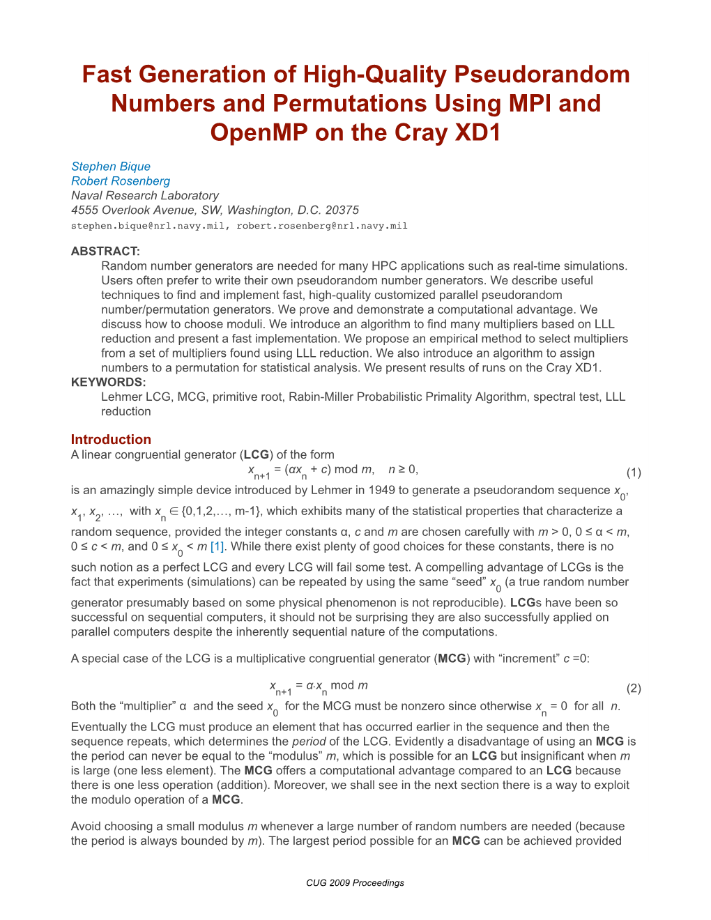 Fast Generation of High-Quality Pseudorandom Numbers and Permutations Using MPI and Openmp on the Cray XD1