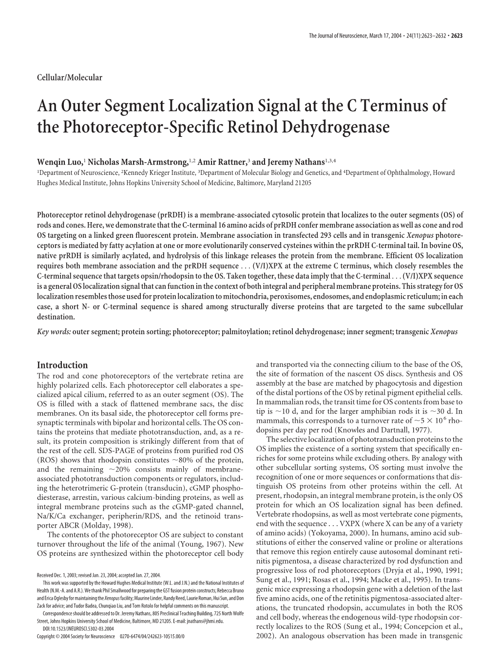 An Outer Segment Localization Signal at the C Terminus of the Photoreceptor-Specific Retinol Dehydrogenase