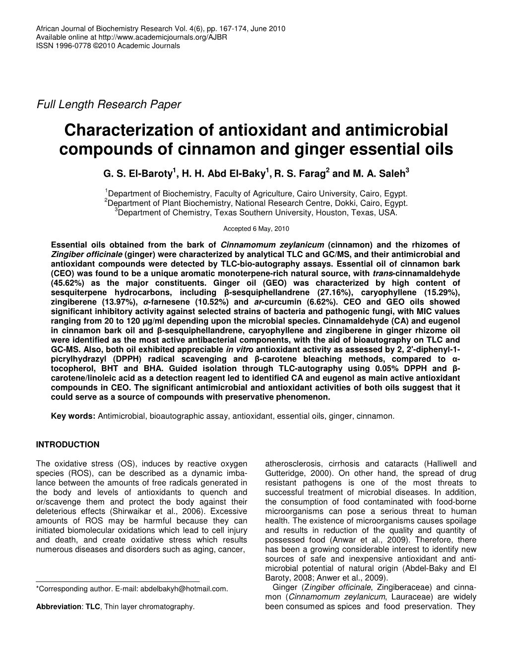 Characterization of Antioxidant and Antimicrobial Compounds of Cinnamon and Ginger Essential Oils