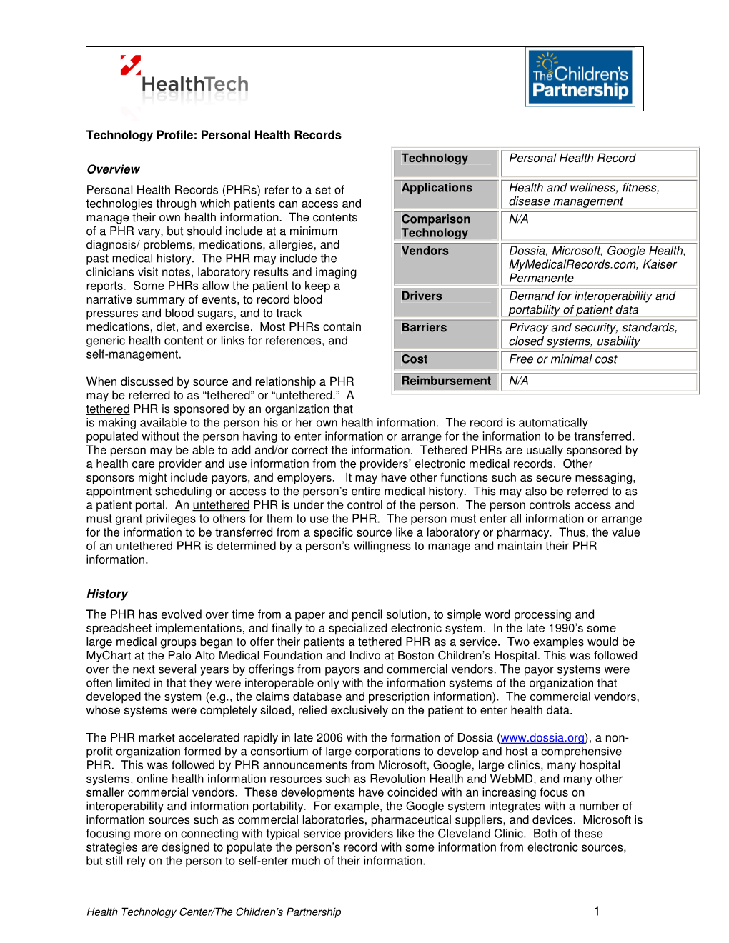 Technology Profile: Personal Health Records Overview Personal Health