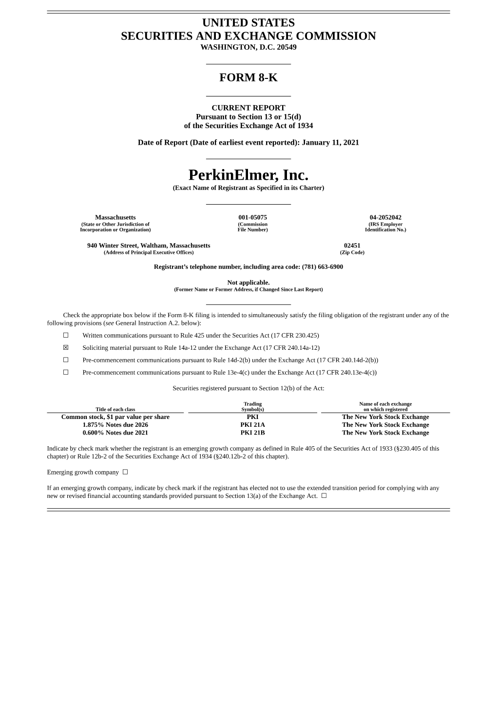 Perkinelmer, Inc. (Exact Name of Registrant As Specified in Its Charter)