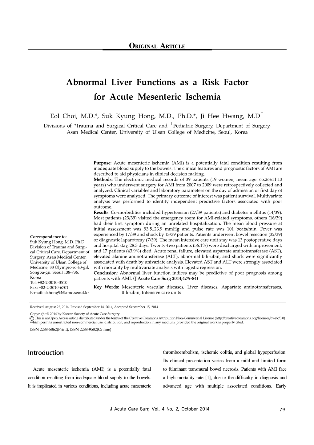 Abnormal Liver Functions As a Risk Factor for Acute Mesenteric Ischemia
