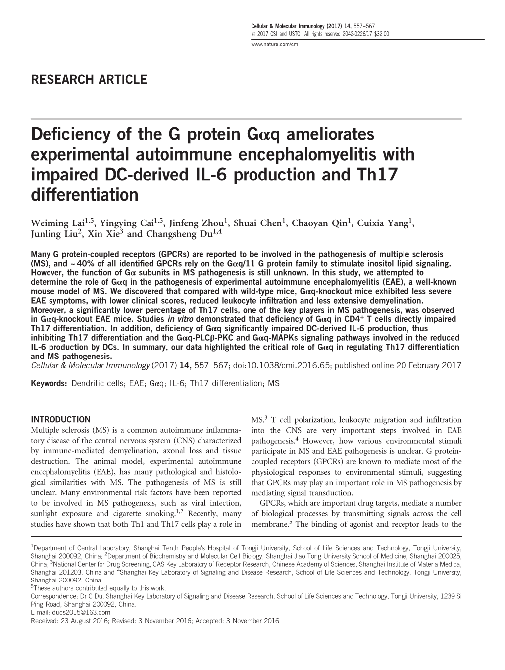 Deficiency of the G Protein Gαq Ameliorates Experimental