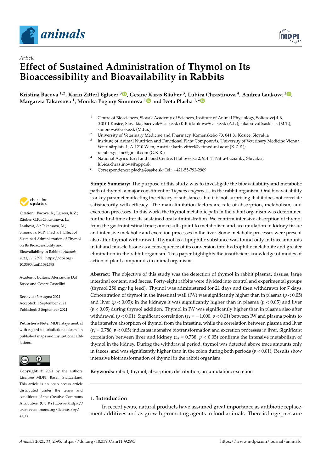 Effect of Sustained Administration of Thymol on Its Bioaccessibility and Bioavailability in Rabbits