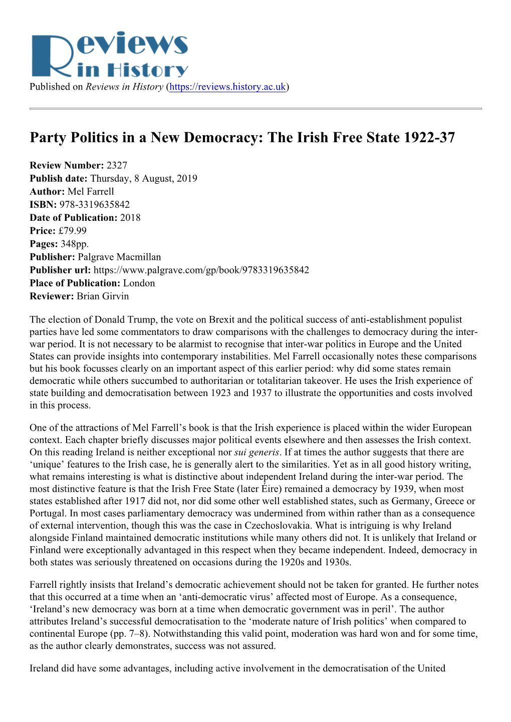 Party Politics in a New Democracy: the Irish Free State 1922-37