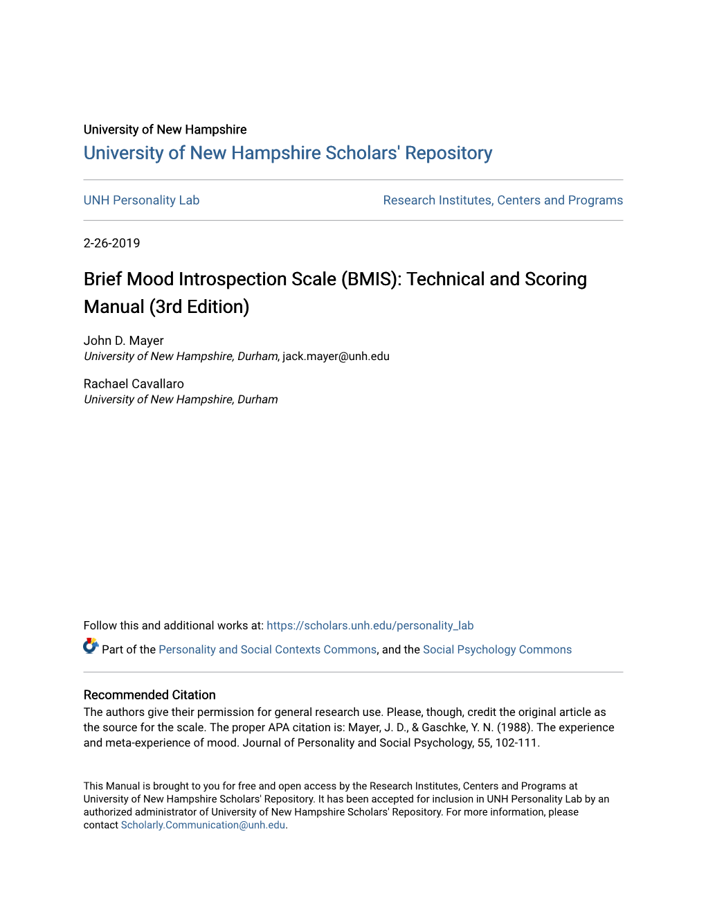 Brief Mood Introspection Scale (BMIS): Technical and Scoring Manual (3Rd Edition)