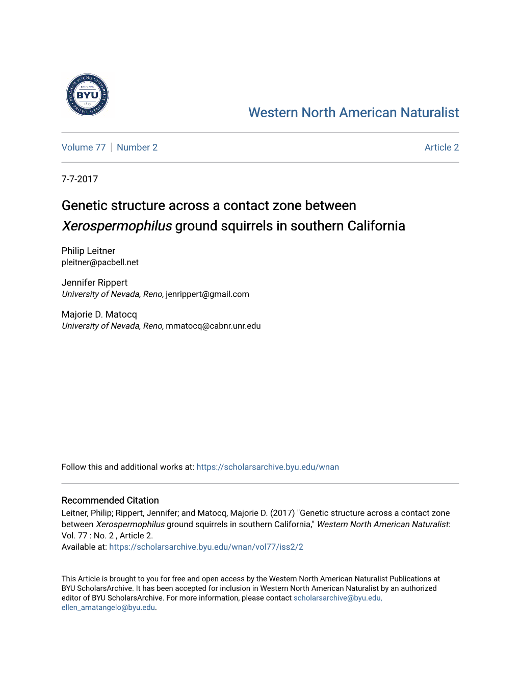 Genetic Structure Across a Contact Zone Between Xerospermophilus Ground Squirrels in Southern California