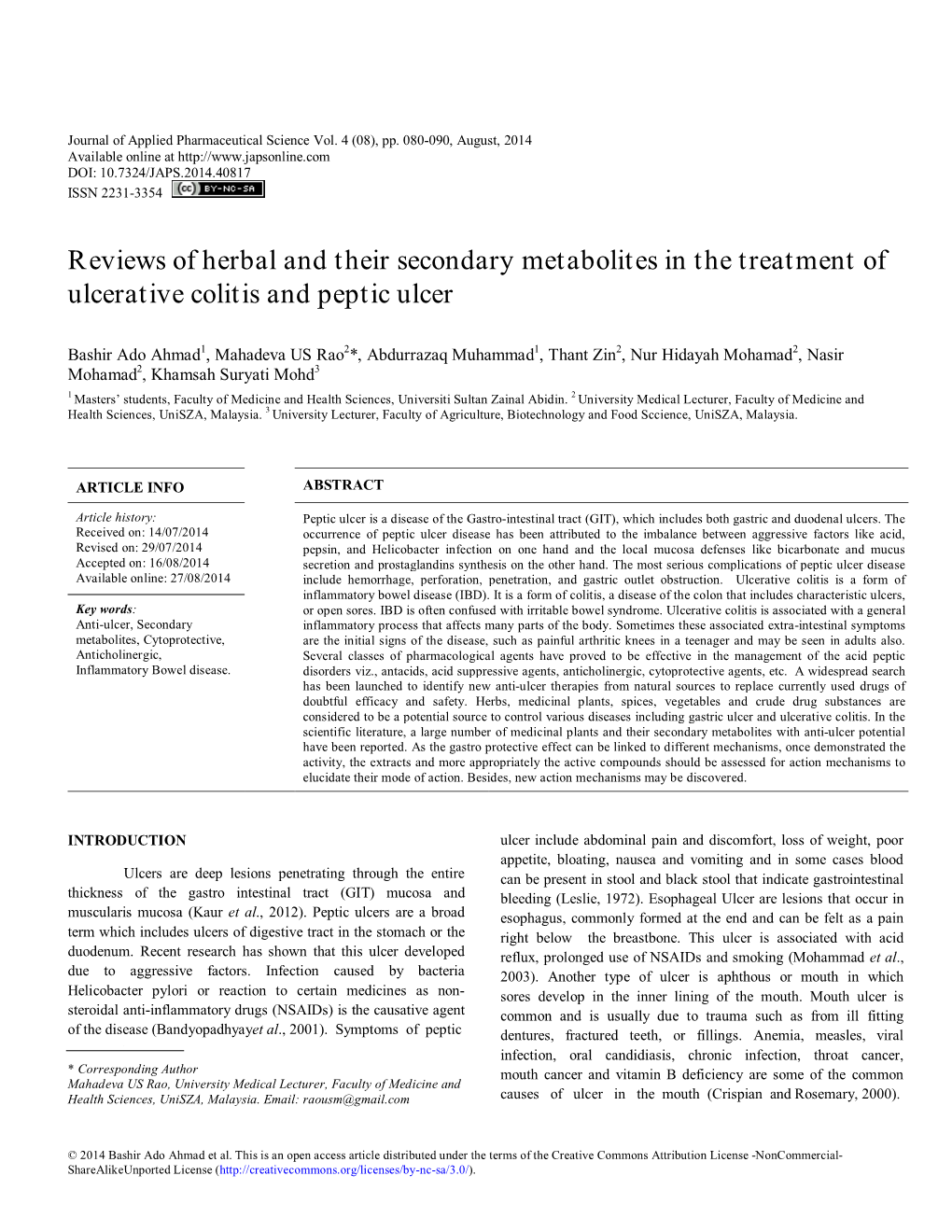 Reviews of Herbal and Their Secondary Metabolites in the Treatment of Ulcerative Colitis and Peptic Ulcer