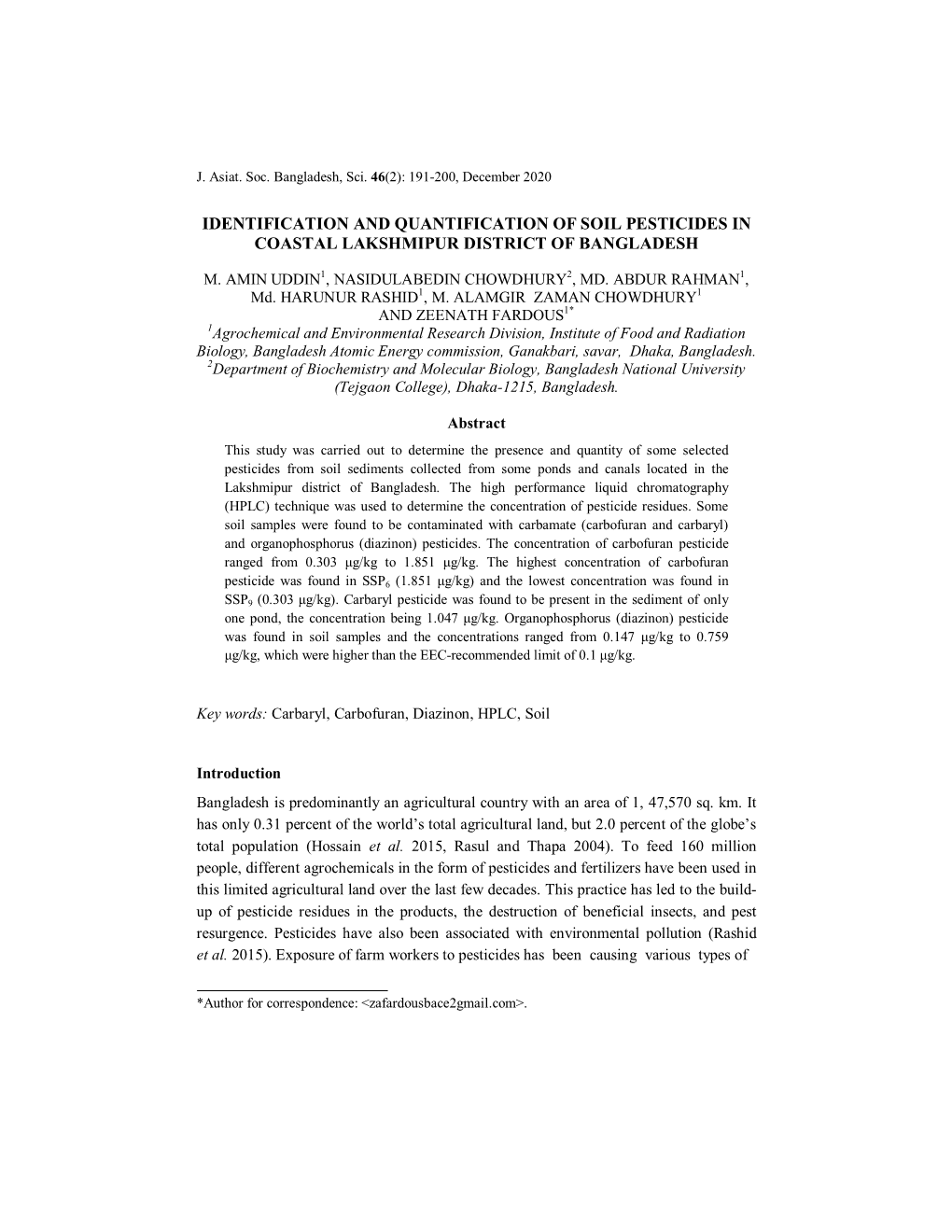 Identification and Quantification of Soil Pesticides in Coastal Lakshmipur District of Bangladesh