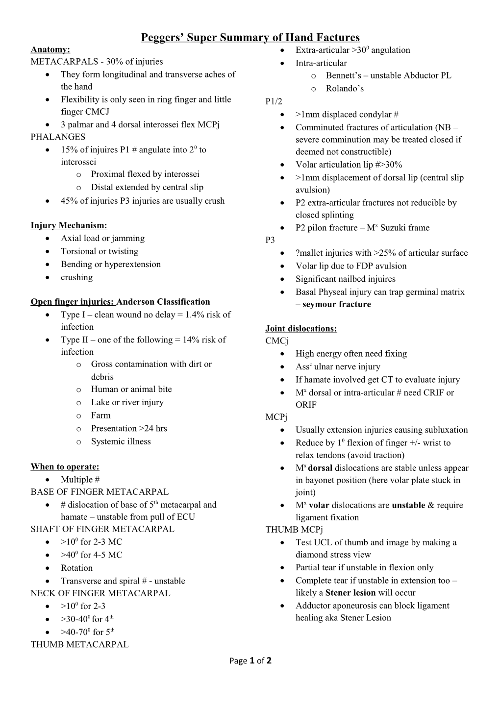 Peggers Super Summary of Hand Factures