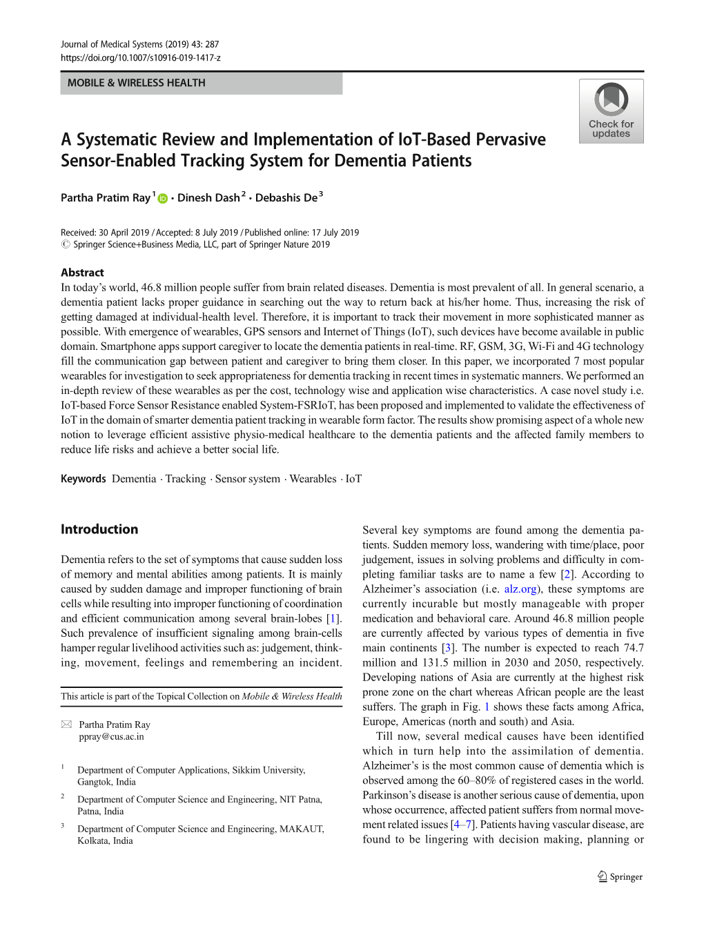 A Systematic Review and Implementation of Iot-Based Pervasive Sensor-Enabled Tracking System for Dementia Patients