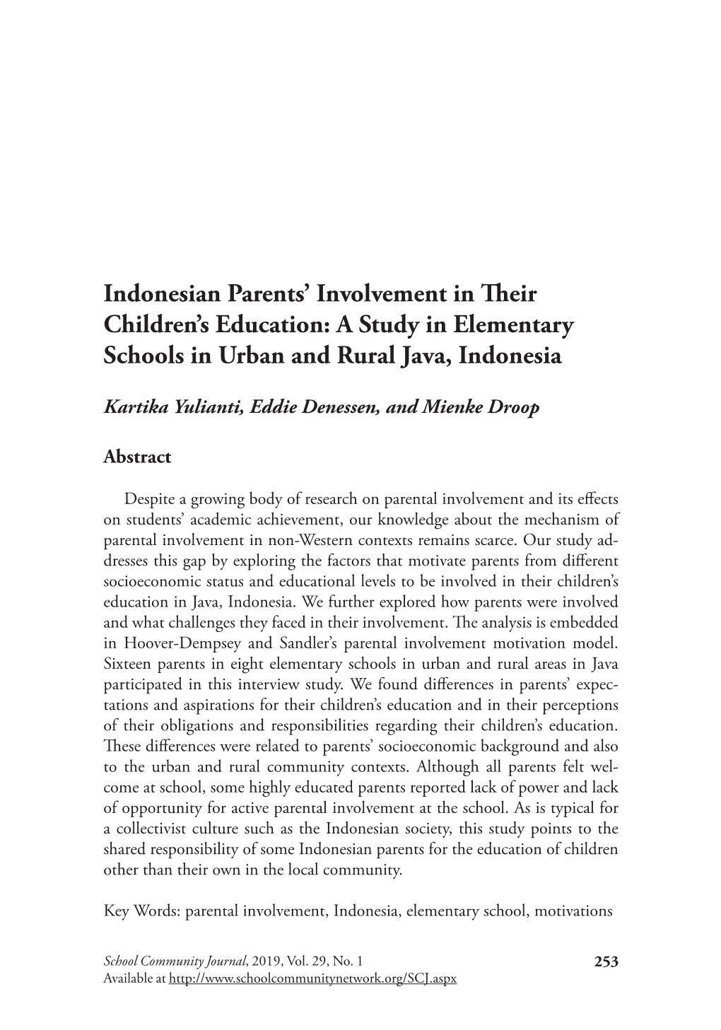 Indonesian Parents' Involvement in Their Children's Education: a Study in Elementary Schools in Urban and Rural Java, Indone