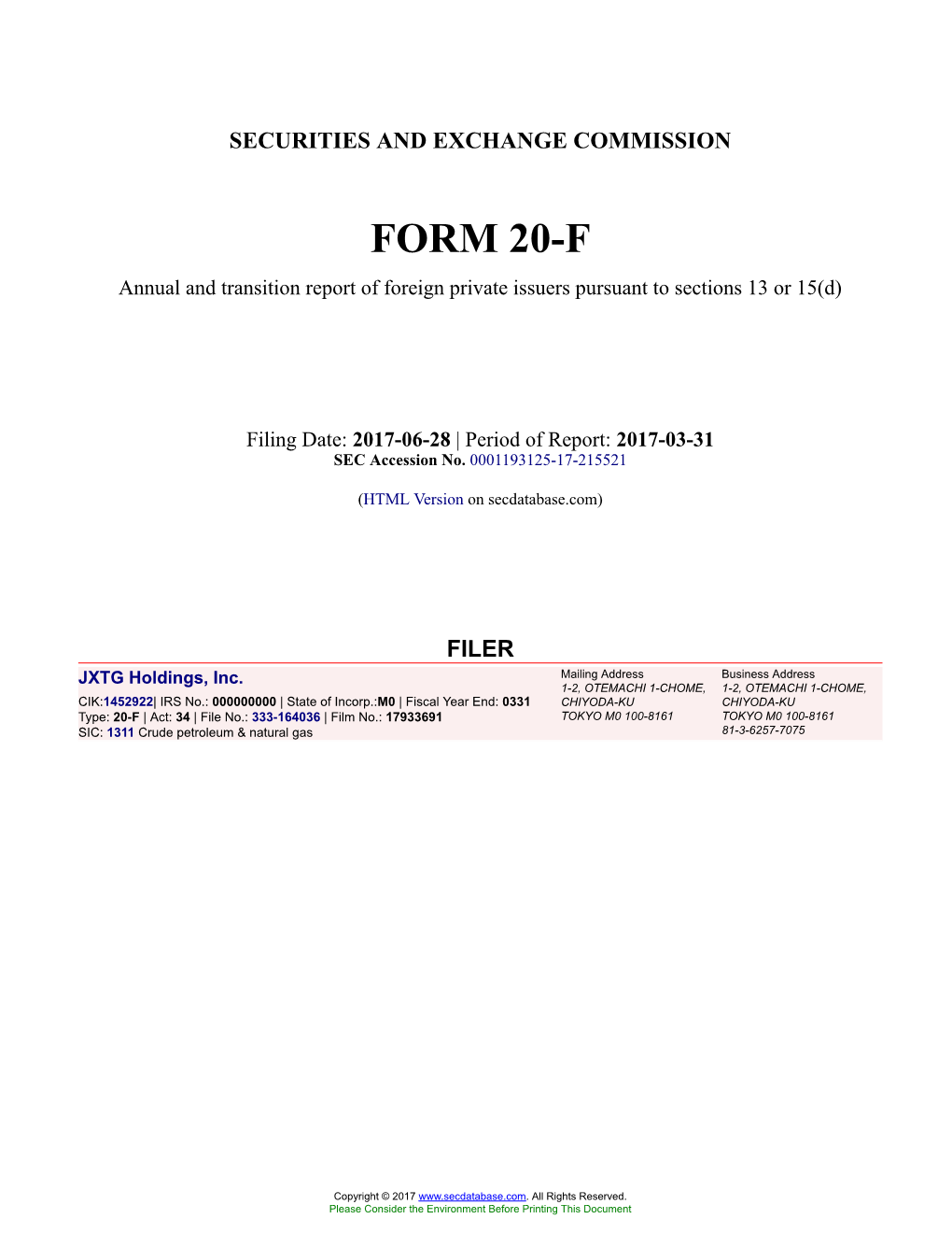 JXTG Holdings, Inc. Form 20-F Filed 2017-06-28