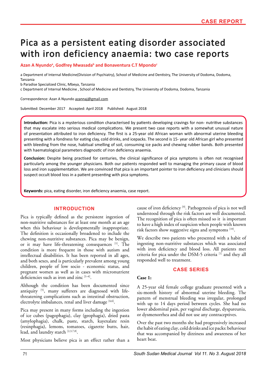 Pica As a Persistent Eating Disorder Associated with Iron Deficiency