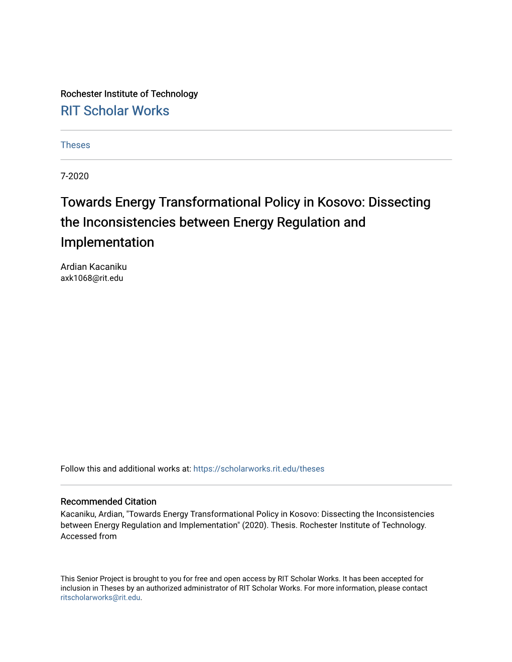 Towards Energy Transformational Policy in Kosovo: Dissecting the Inconsistencies Between Energy Regulation and Implementation