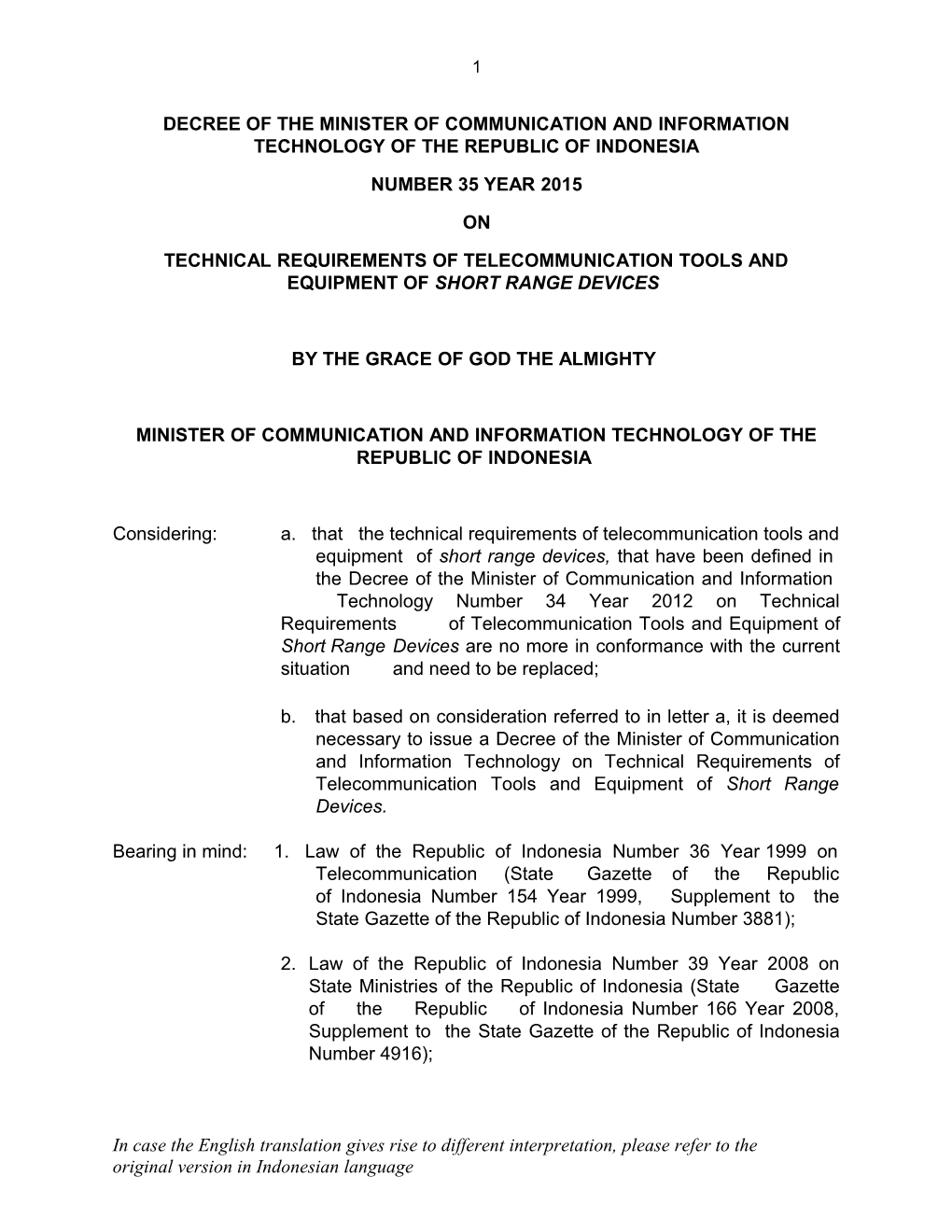 Technical Requirements of Telecommunication Tools and Equipment of Short Range Devices