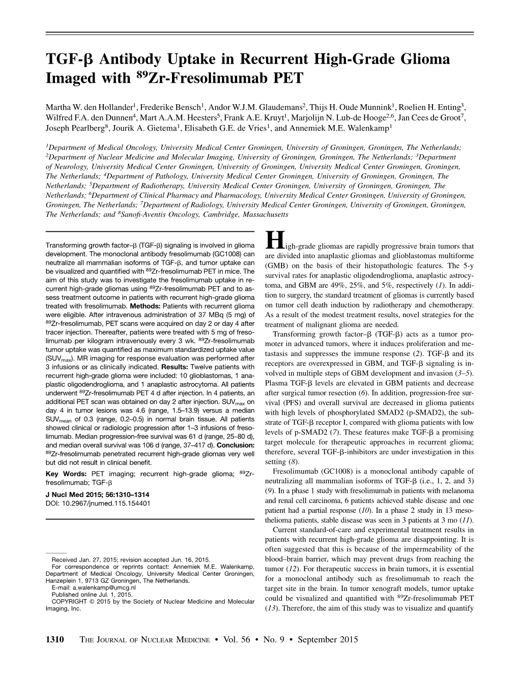 TGF-B Antibody Uptake in Recurrent High-Grade Glioma Imaged with 89Zr-Fresolimumab PET