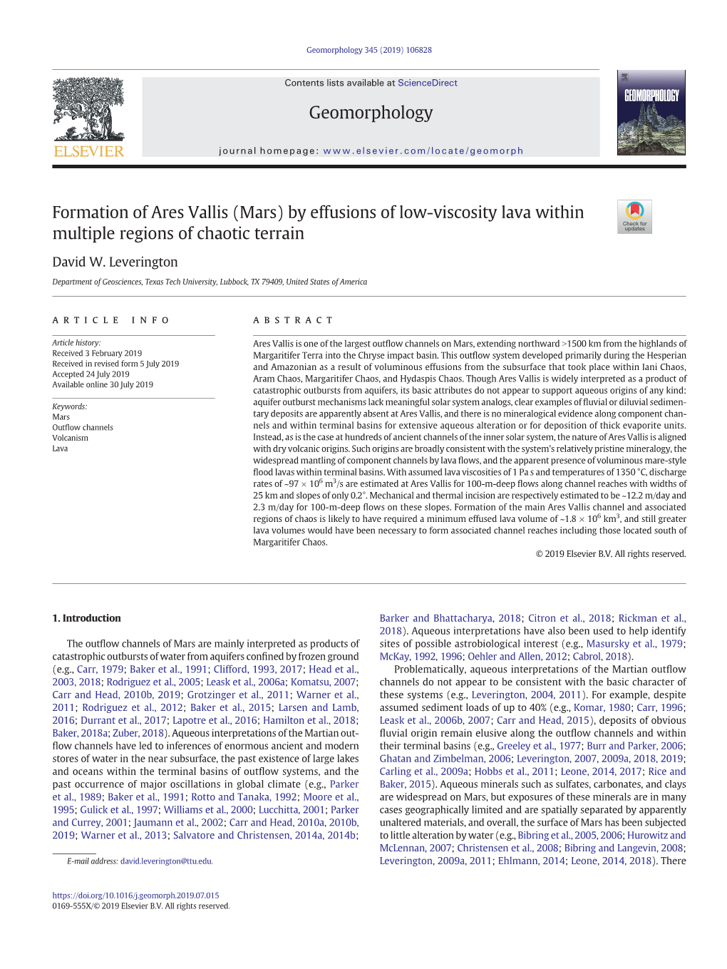 Formation of Ares Vallis (Mars) by Effusions of Low-Viscosity Lava Within Multiple Regions of Chaotic Terrain