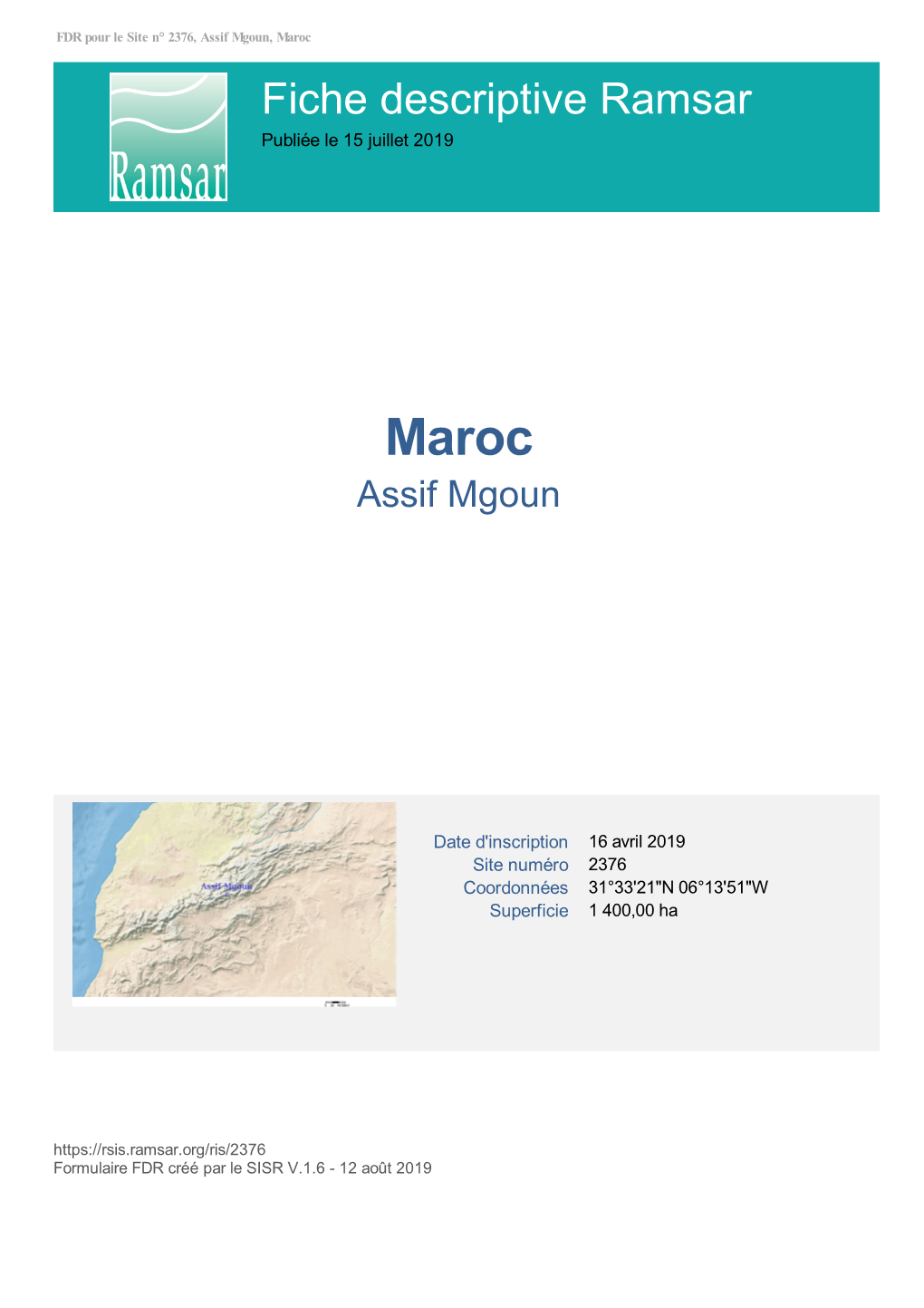 Maroc Fiche Descriptive Ramsar Publiée Le 15 Juillet 2019