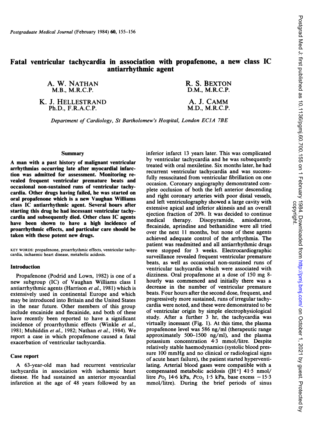 Fatal Ventricular Tachycardia in Association with Propafenone, a New Class IC Antiarrhythmic Agent A